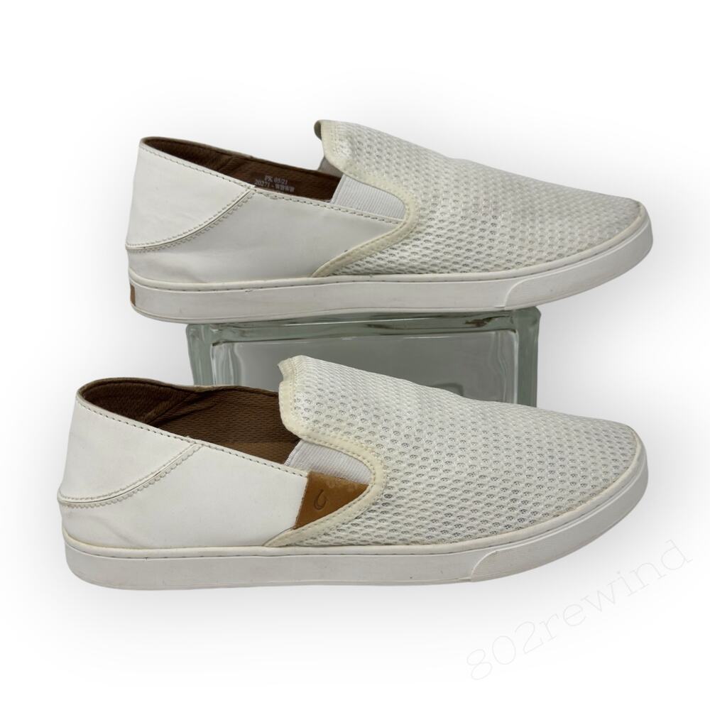 OluKai Pehuea Women Breathable Slip-On Sneaker Slide 12 White Mesh Boat Beach